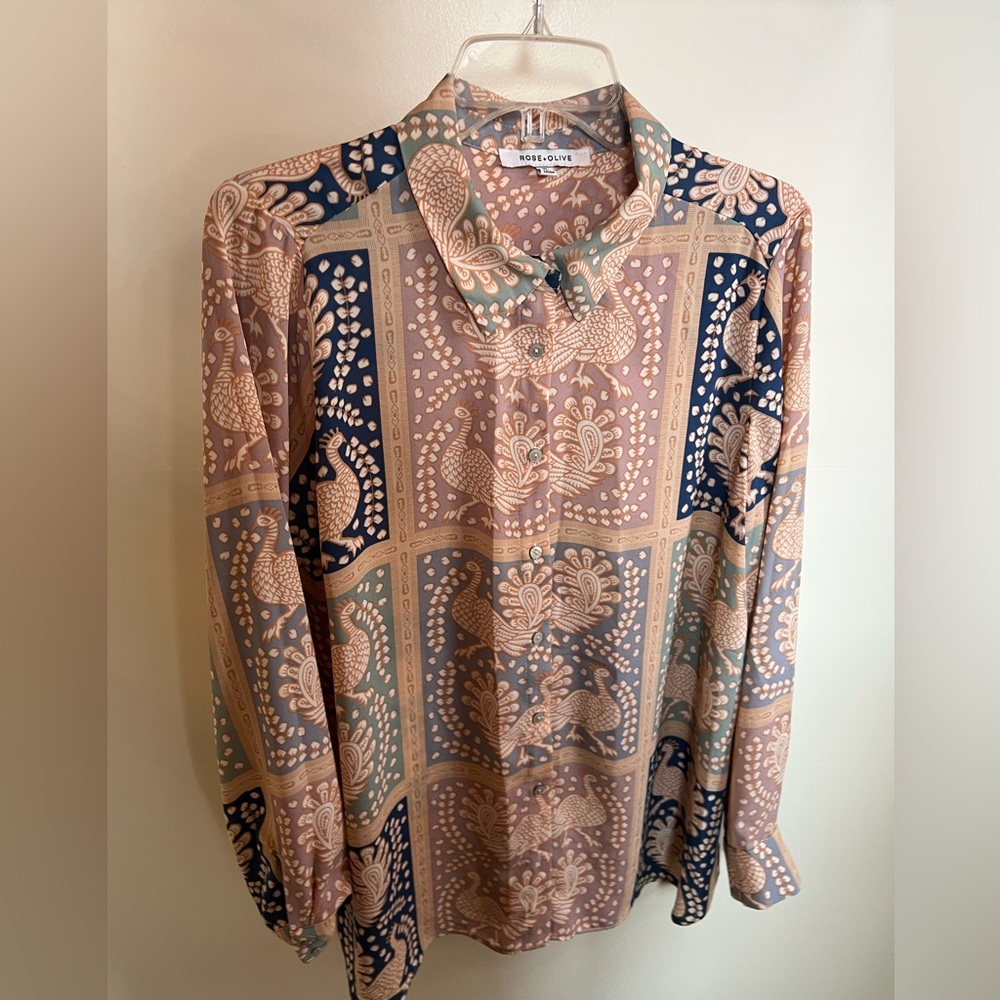 Rose + Olive Bird Print Blouse